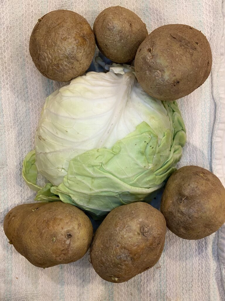 cabbage and potatoes on top of a white and blue towel