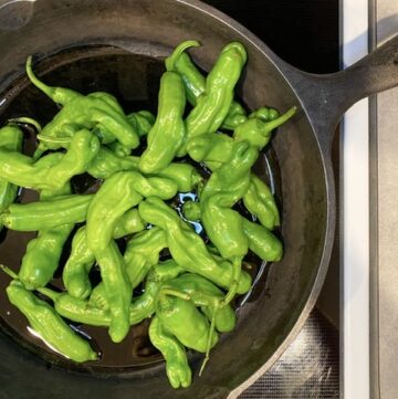 shishito peppers uncooked in an oiled cast iron skillet