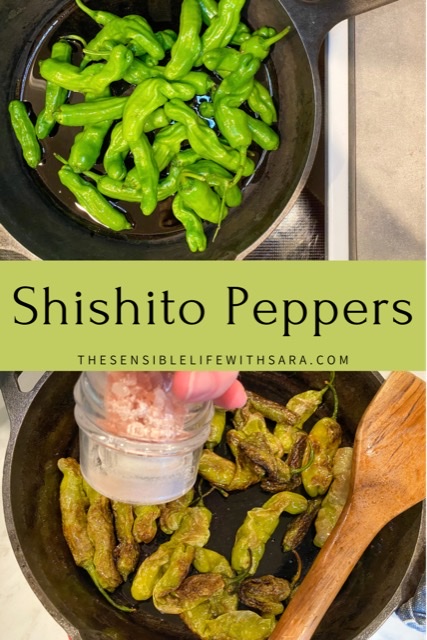 shishito peppers being perfectly sautéed in a cast iron skillet with a wooden spoon on the edge and a salt grinder above the peppers