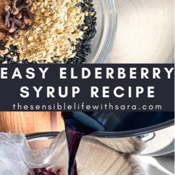 image on top shows a glass bowl containing elderberries, ginger, cloves, and cinnamon held over a stock pot of water. The middle of the images shows the words easy elderberry syrup recipe and thesensiblelifewithsara.com. the bottom of the image shows brewed elderberry liquid being poured through cheesecloth.