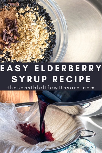 dried elderberry, ginger, cinnamon, and cloves in a bowl over water in a stock pot at the top, the words east elderberry syrup recipe in the middle, and brewed elderberry liquid being poured through cheesecloth at the bottom