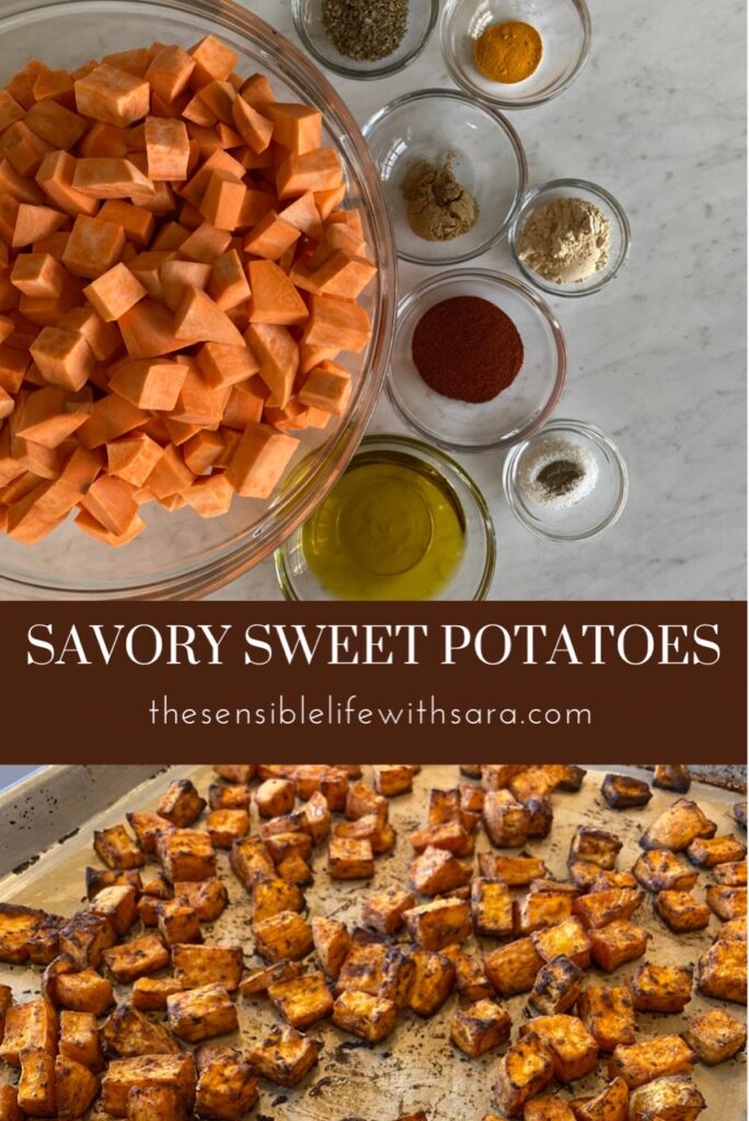 A tray of savory sweet potatoes next to a glass bowl of diced sweet potatoes with seasonings in small bowls beside it.