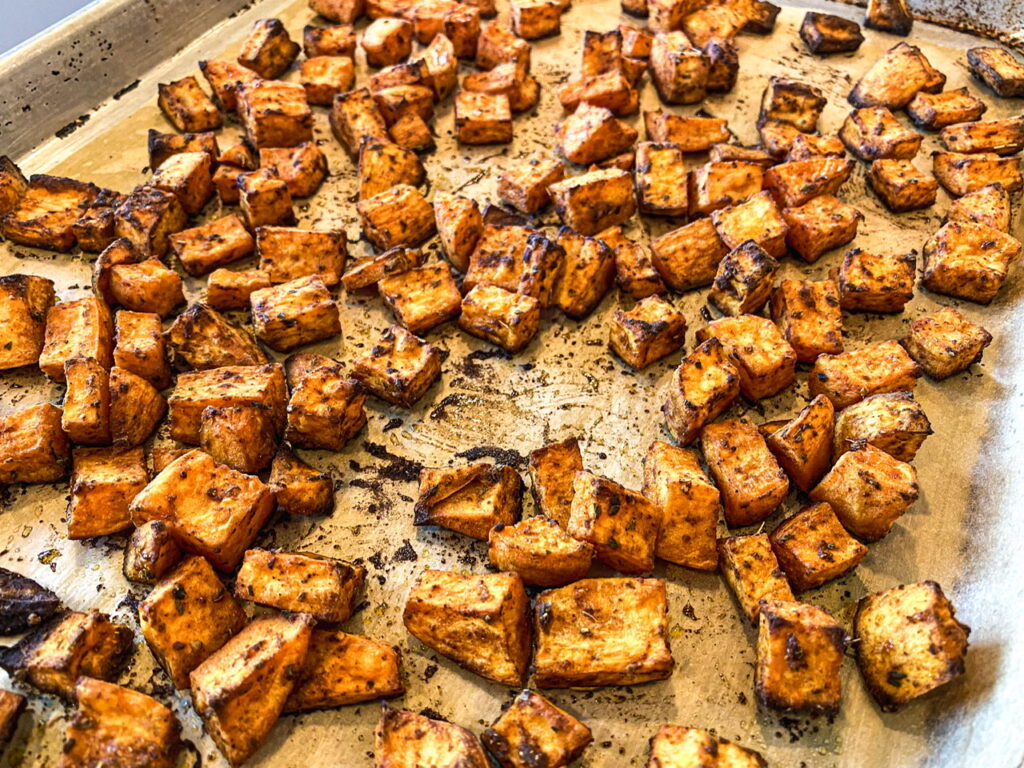 tray of baked savory sweet potatoes