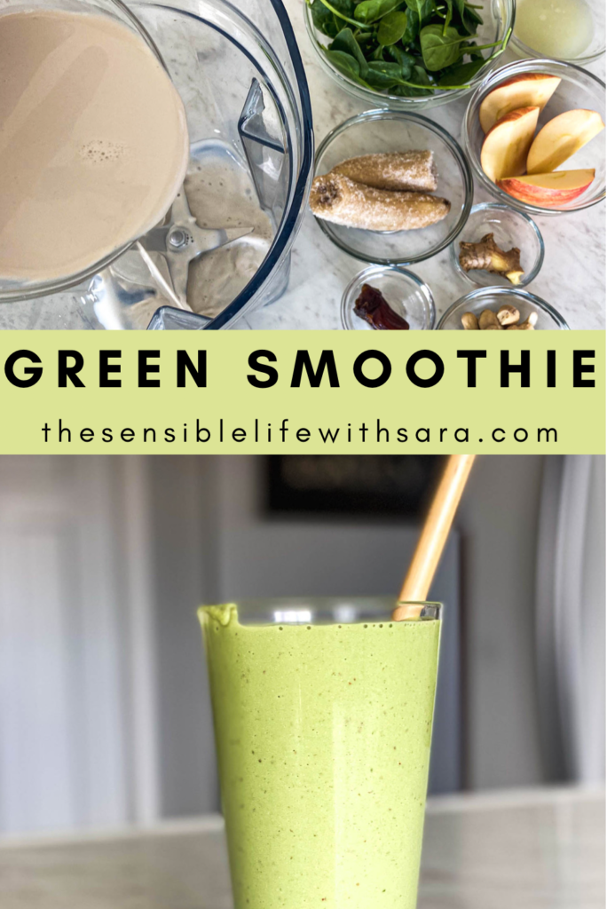 green smoothie ingredients next to a cup full of green smoothie