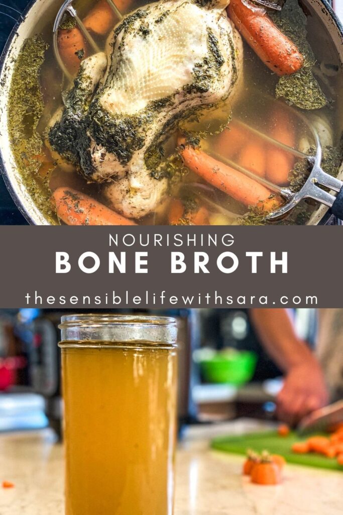 stock pot with water, chicken, and veggies next to a mason jar full of nourishing bone broth