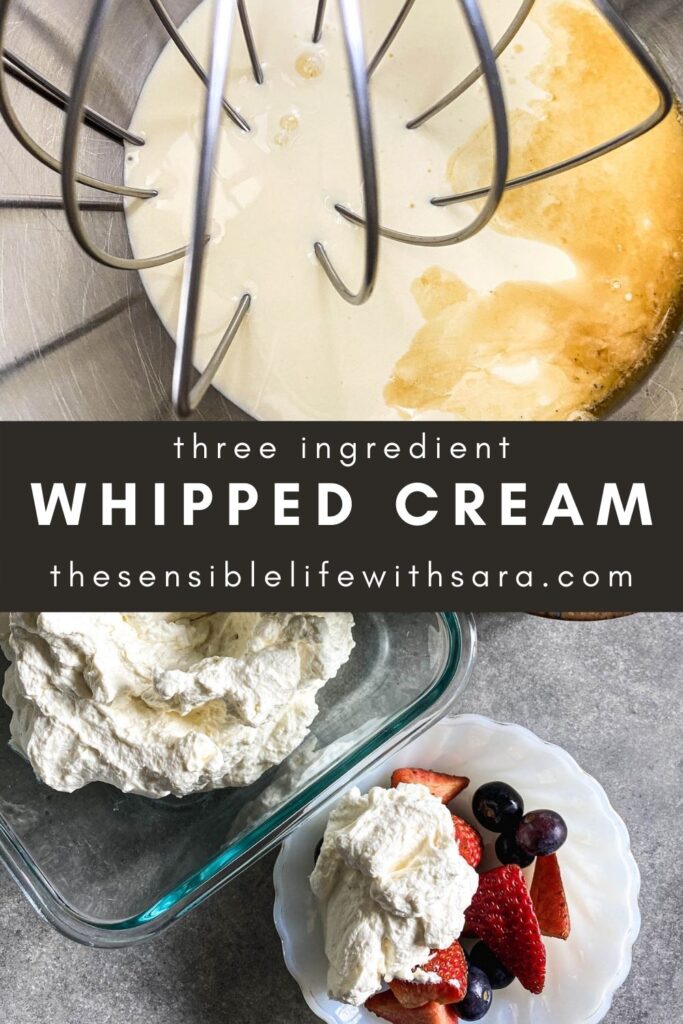 bowl of cream with a whisk next to a bowl of easy from-scratch whipped cream