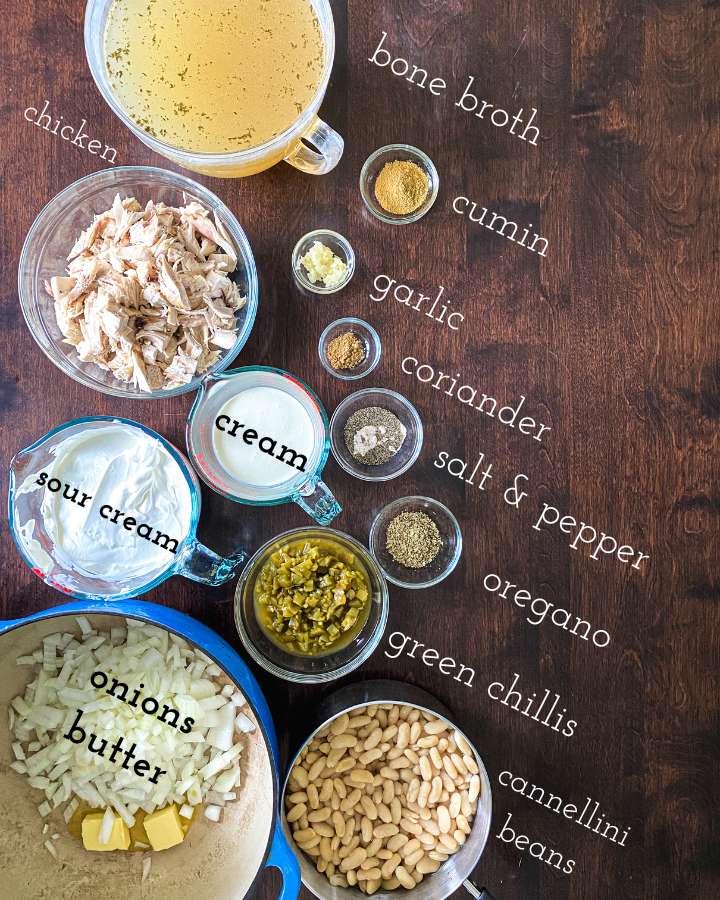 bowl of ingredients for chicken chili on a wooden table