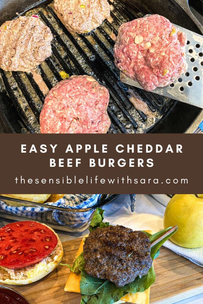 apple cheddar beef burgers being cooked next to a burger cooked and on a bun