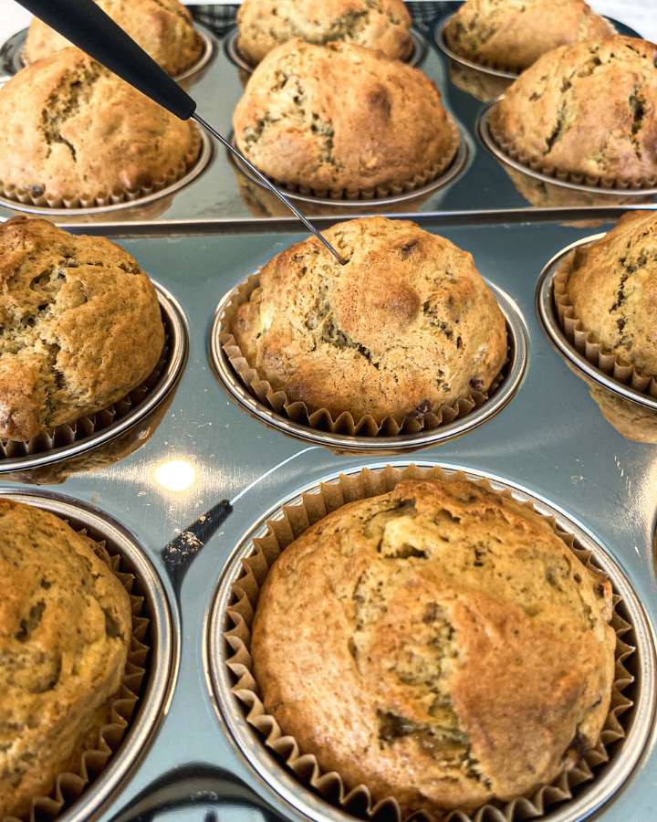 tray of banana muffins