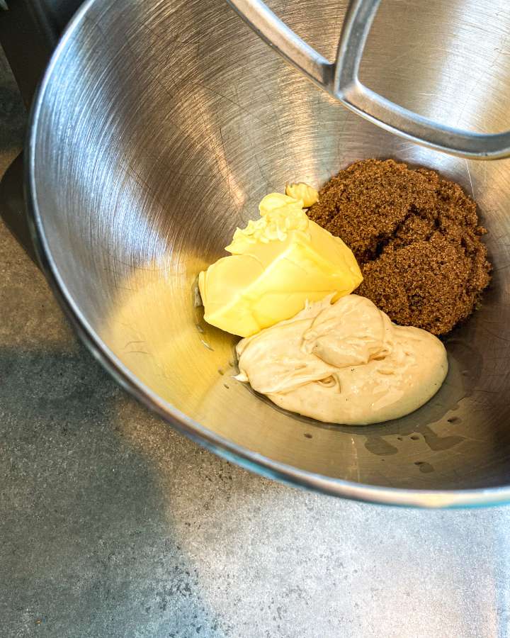 sourdough, butter, and brown sugar in a mixing bowl