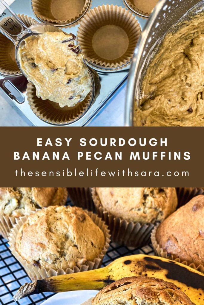 banana muffin batter being poured into muffins tins and a cooling rack of baked muffins