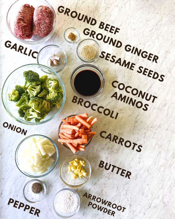 beef and broccoli ingredients in separate clear bowls own a white counter