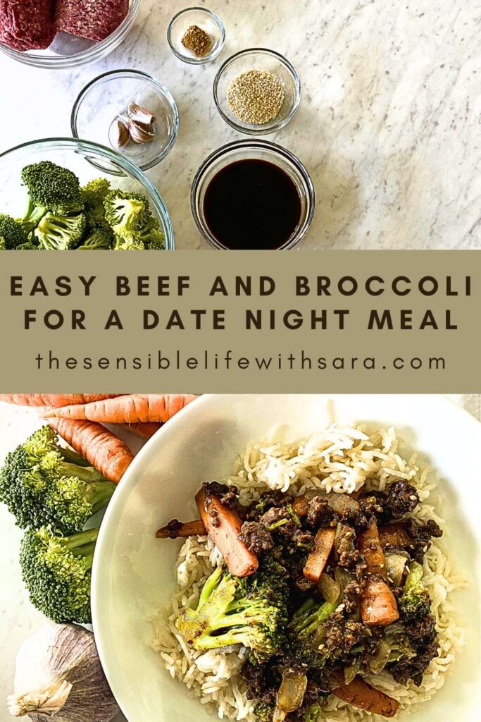 beef and broccoli stir-fry over a bed of rice in a white bowl next to raw ingredients to make the recipe